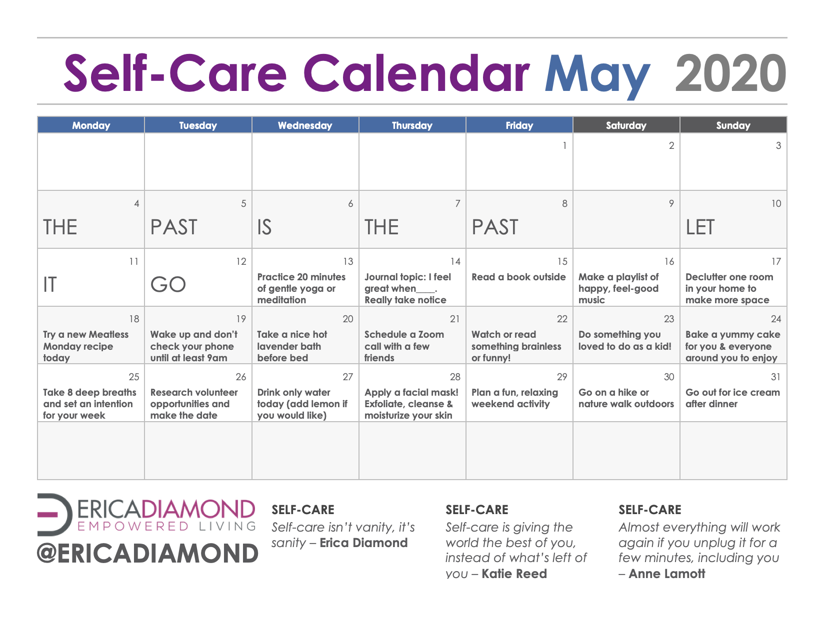 SelfCare Calendar for May Erica Diamond