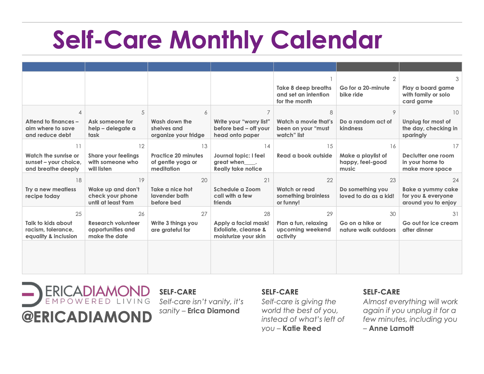 SelfCare Monthly Calendar Erica Diamond