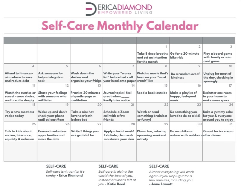 SelfCare Monthly Calendar Erica Diamond